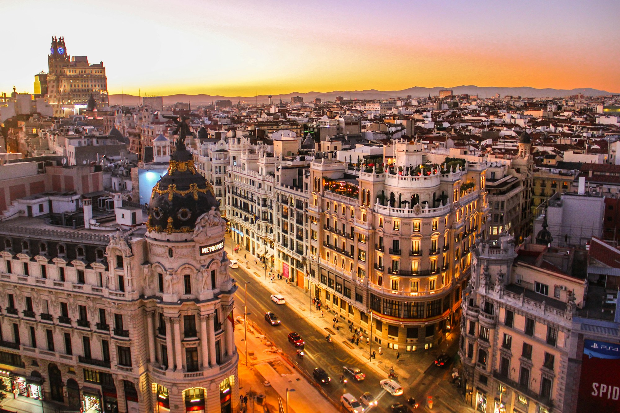 Aerial view of Madrid's Gran Vía at sunset